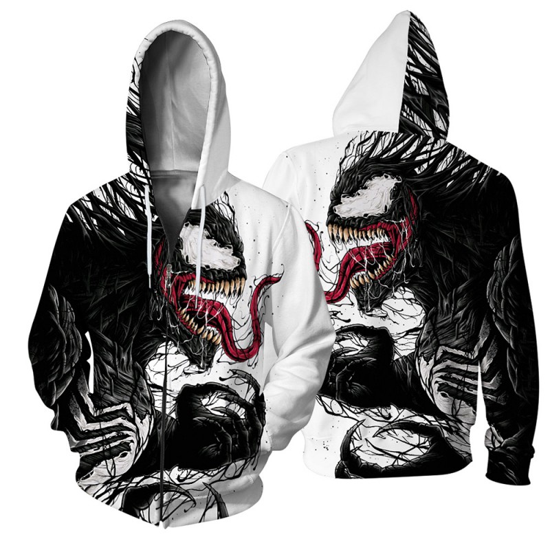 3D Print Pattern Venom Long Sleeve Zip Up Hoodie