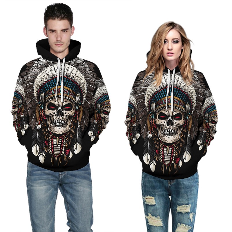 3D Print Tribal Style Native American Skull Pattern Hoodie