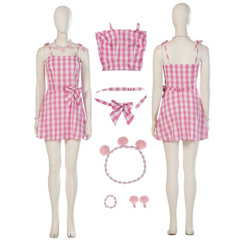 Movie 2023 Babi Costume Margot Robbie Pink Plaid Dress Halloween Cosplay Suit